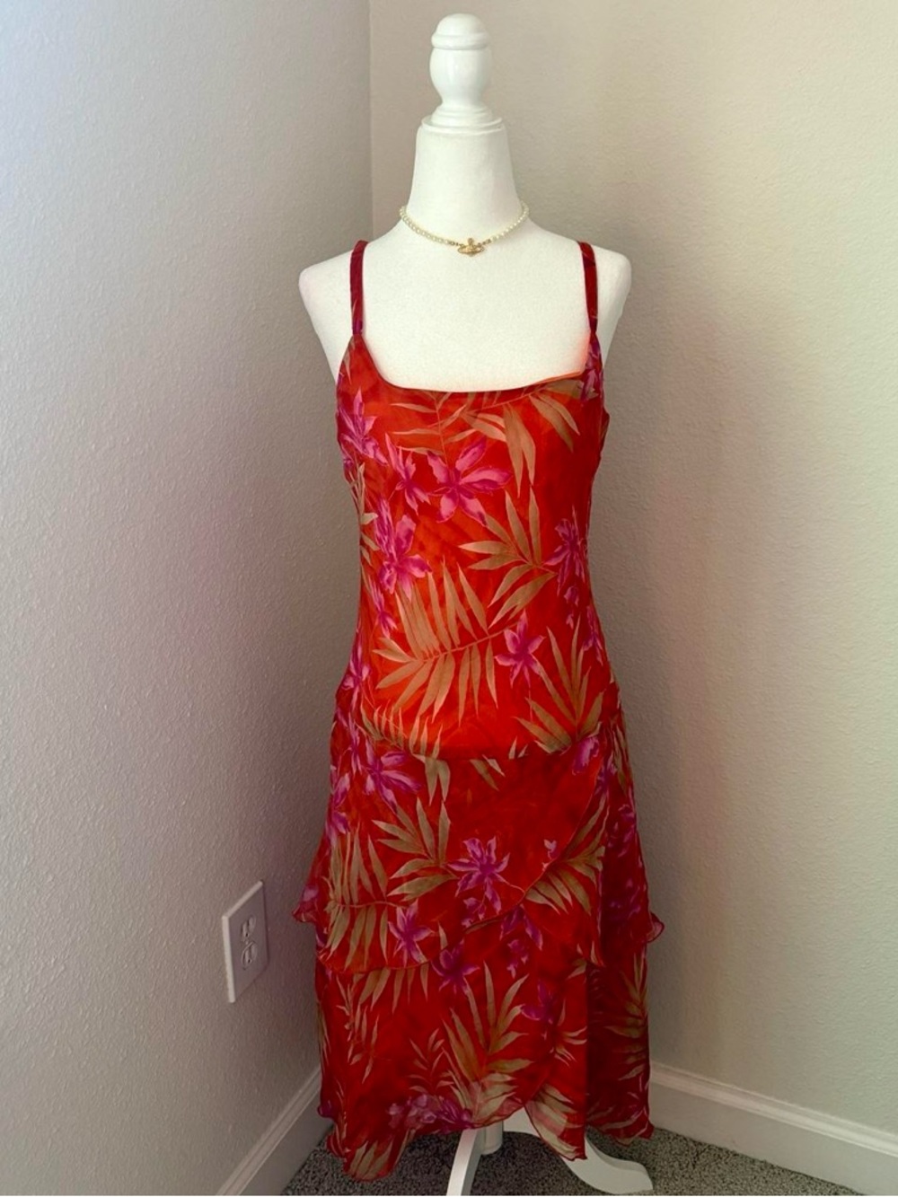 Red Tropical Slip Maxi Dress with Pink Floral Print